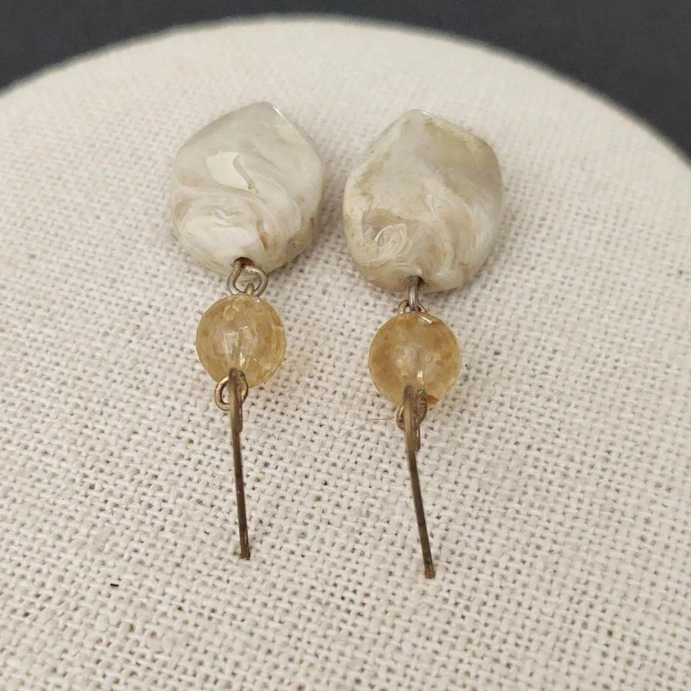 Faux natural toned stone and pale beige bead earrings